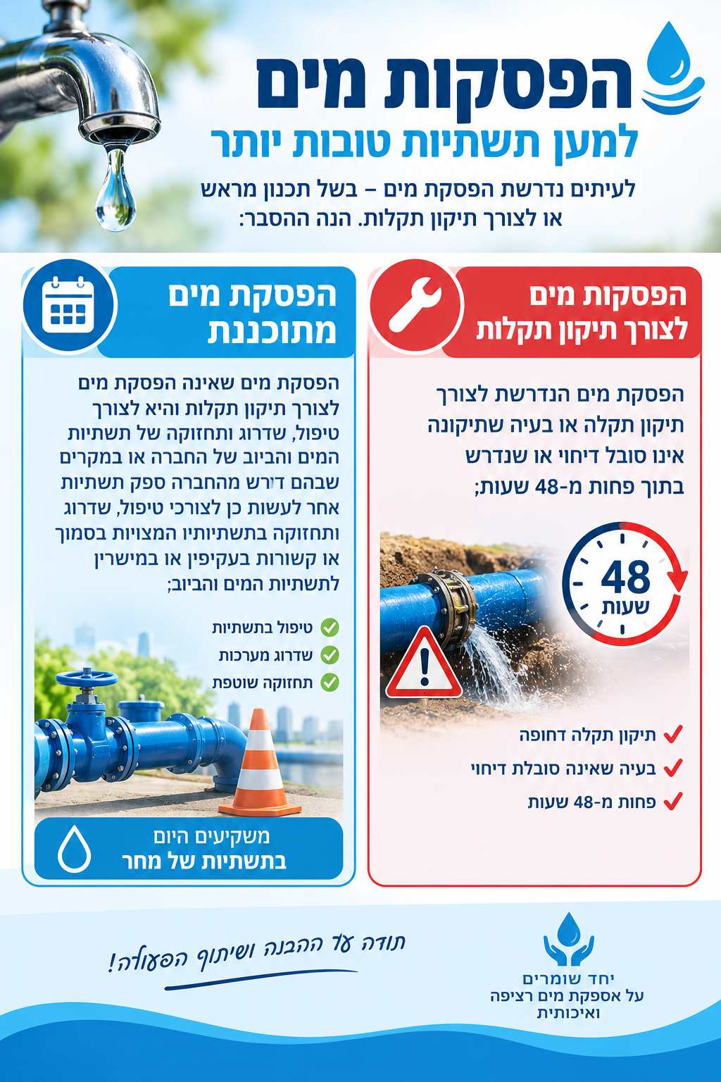 הפסקות מים – הפסקה מתוכננת והפסקה לצורך תיקון תקלות